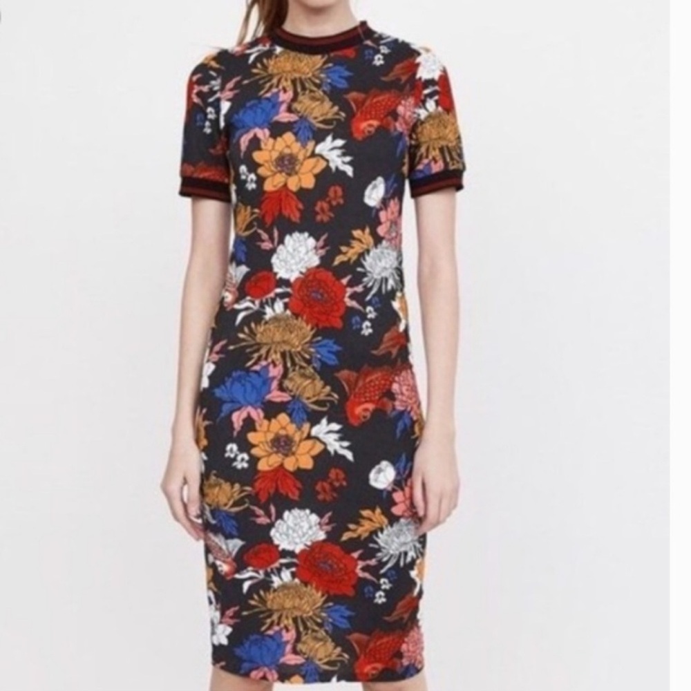 Zara Trafaluc Koi Fish Floral Print Rib knit Women's midi Dress Medium bodycon